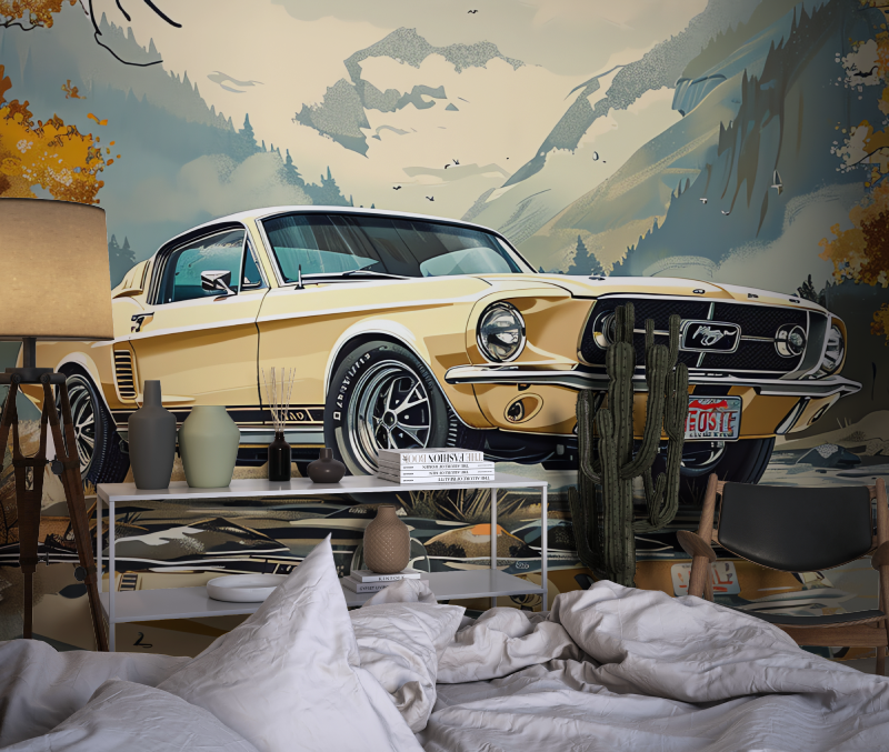 Papier peint voiture vintage mustang chambre dado1