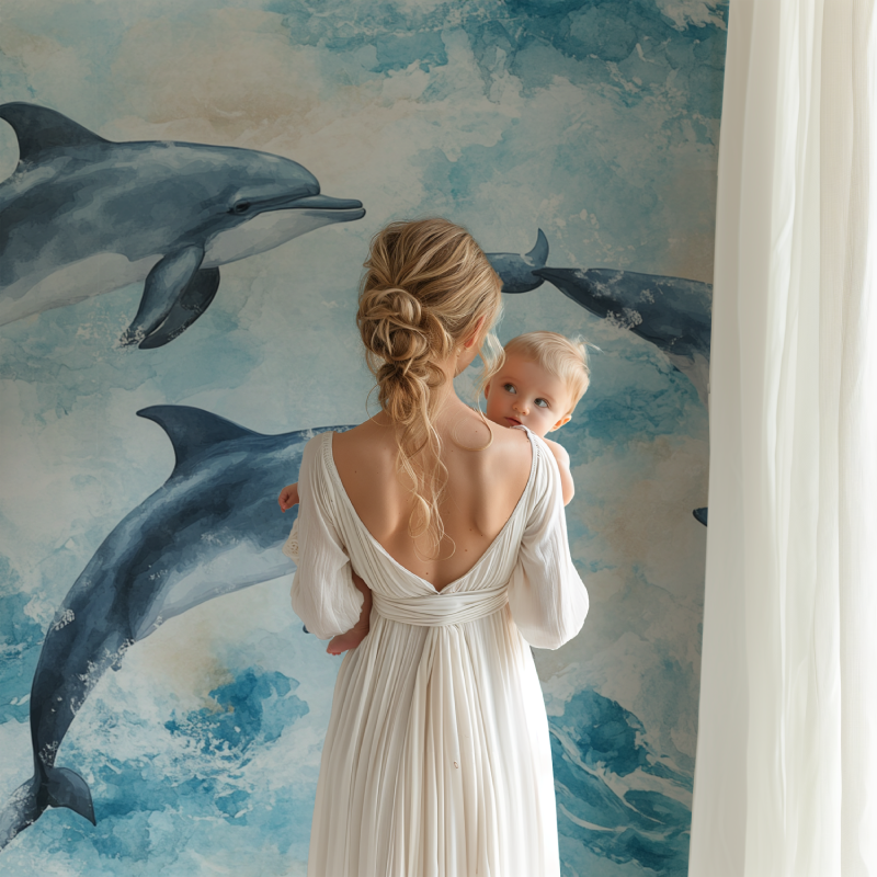 Papier peint marin aquarelle dauphins joyeux bb123