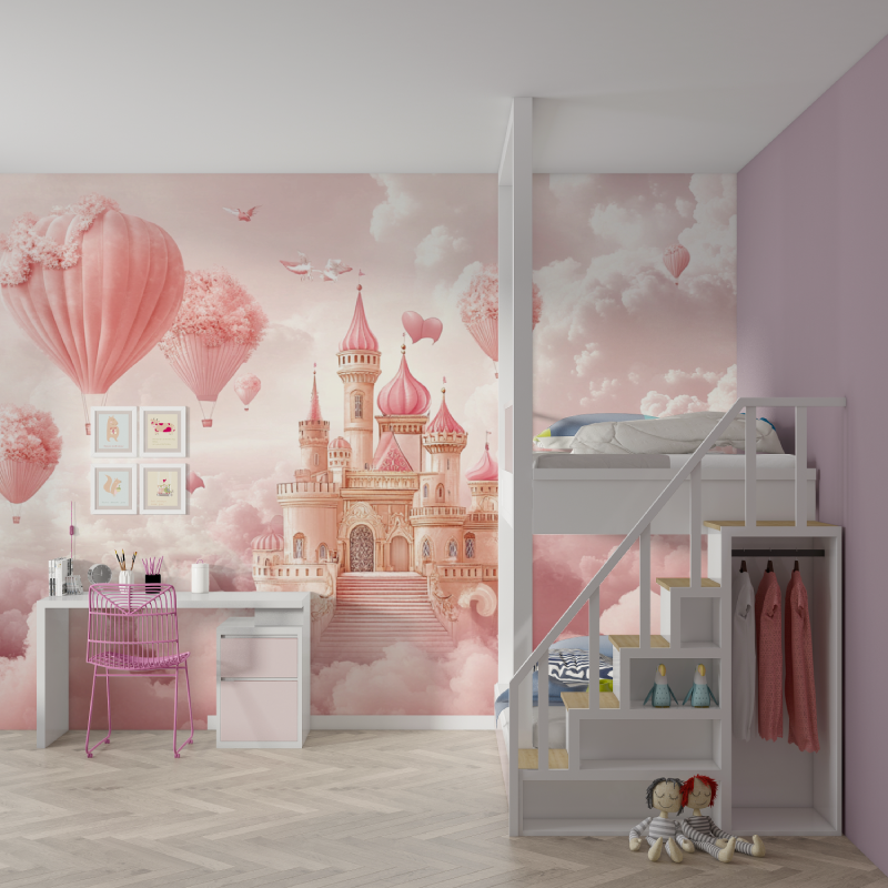 Papier peint princesse montgolf... chateau mur chambre fille