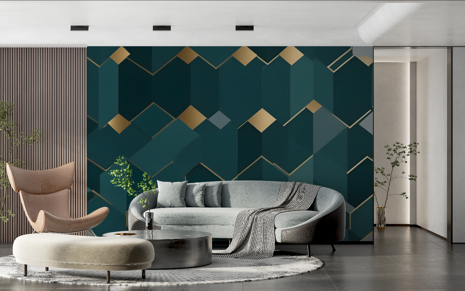 Papier Peint Geometrique Bleu Canard Doré - tendance 2024