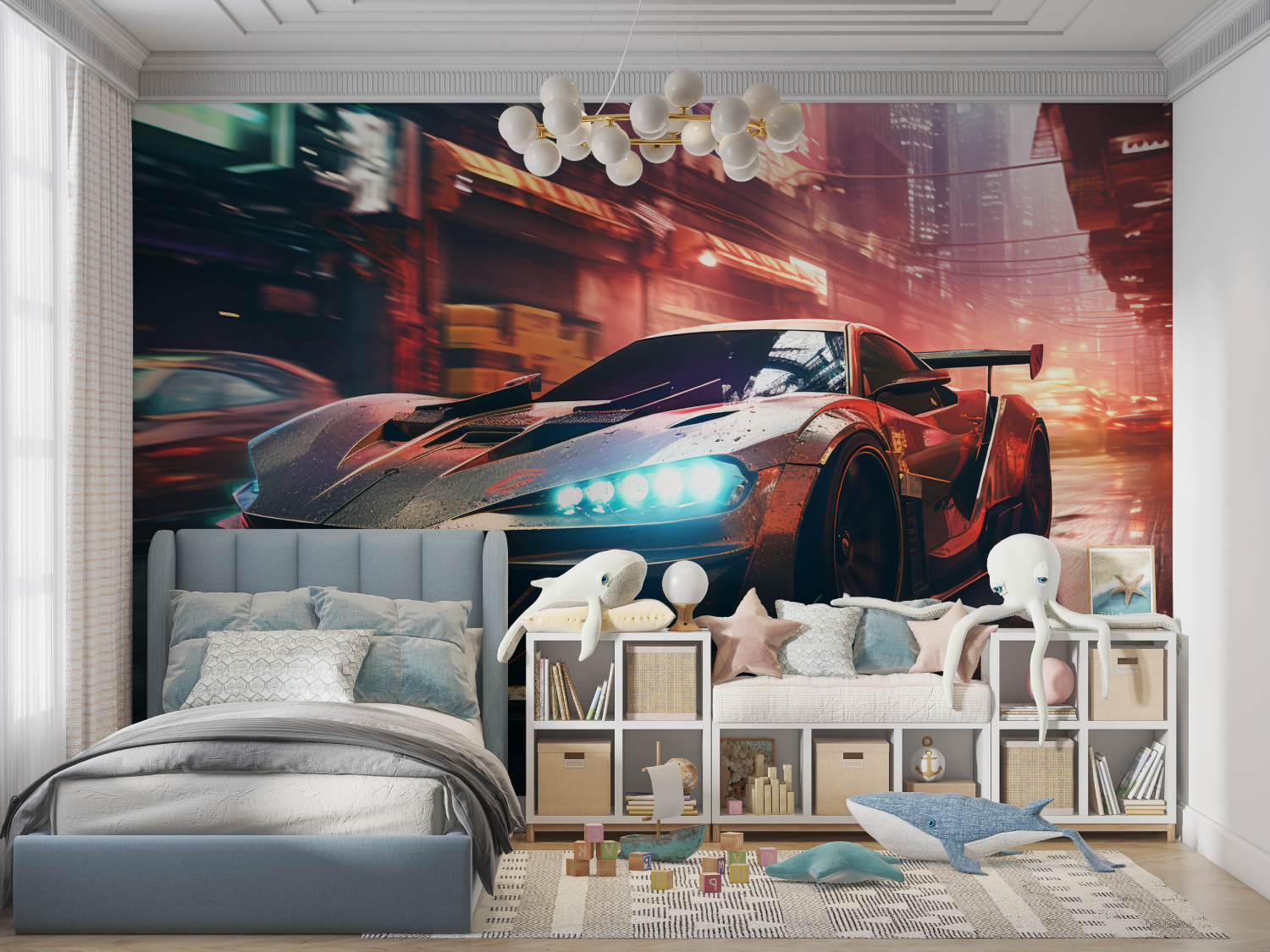 Papier peint voiture de course neon panoramique garcon