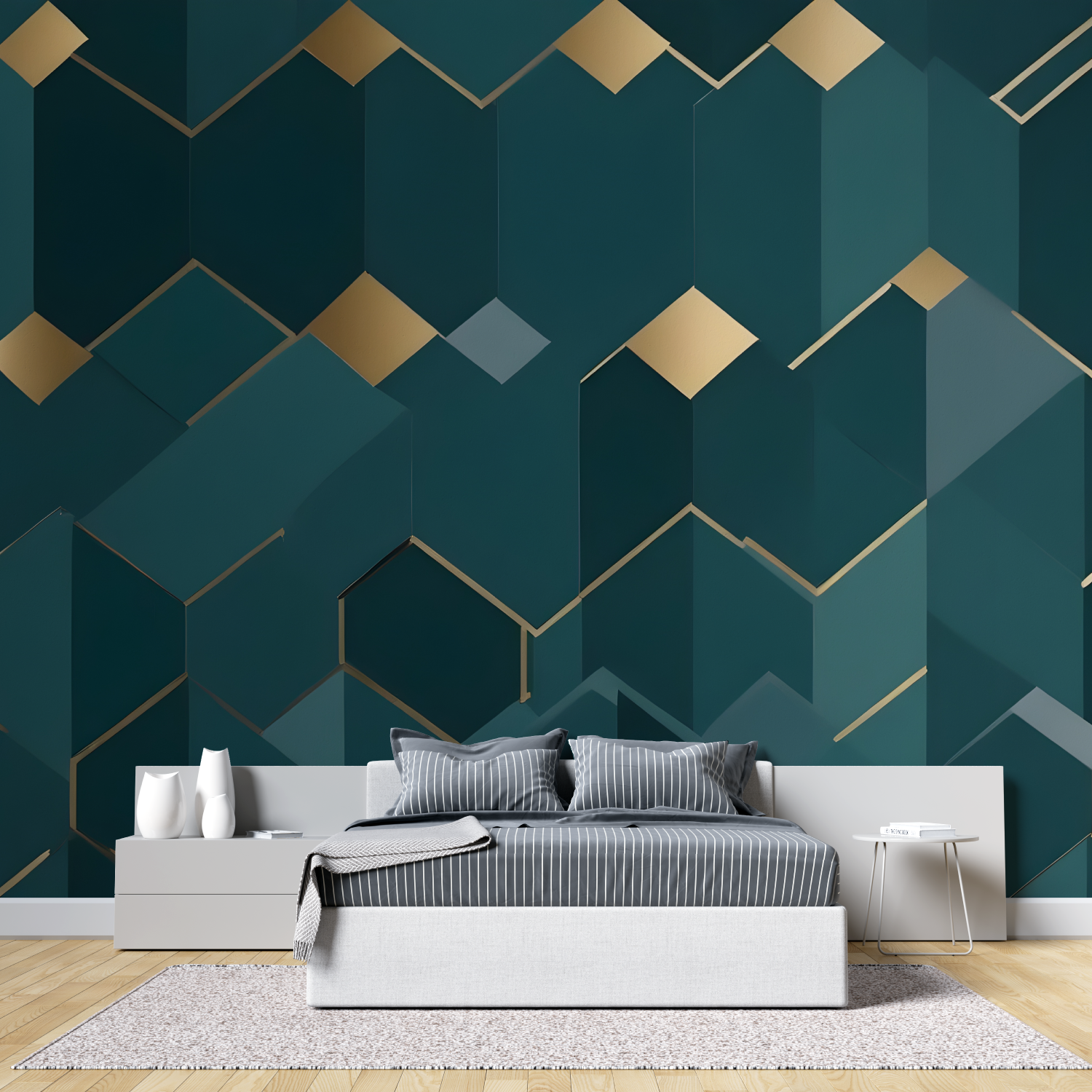 Papier Peint Geometrique Bleu Canard Doré - tete de lit