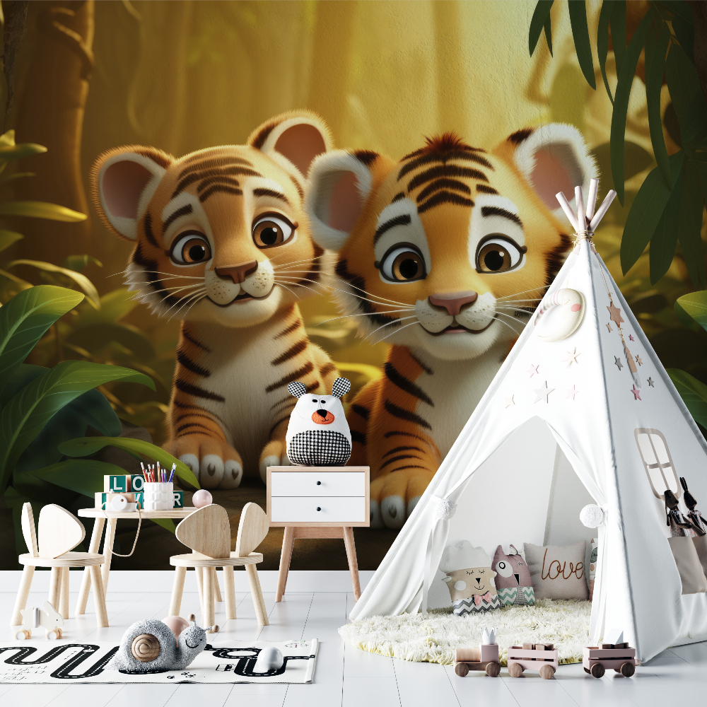 Papier peint lion et paysage doux chambre bebe