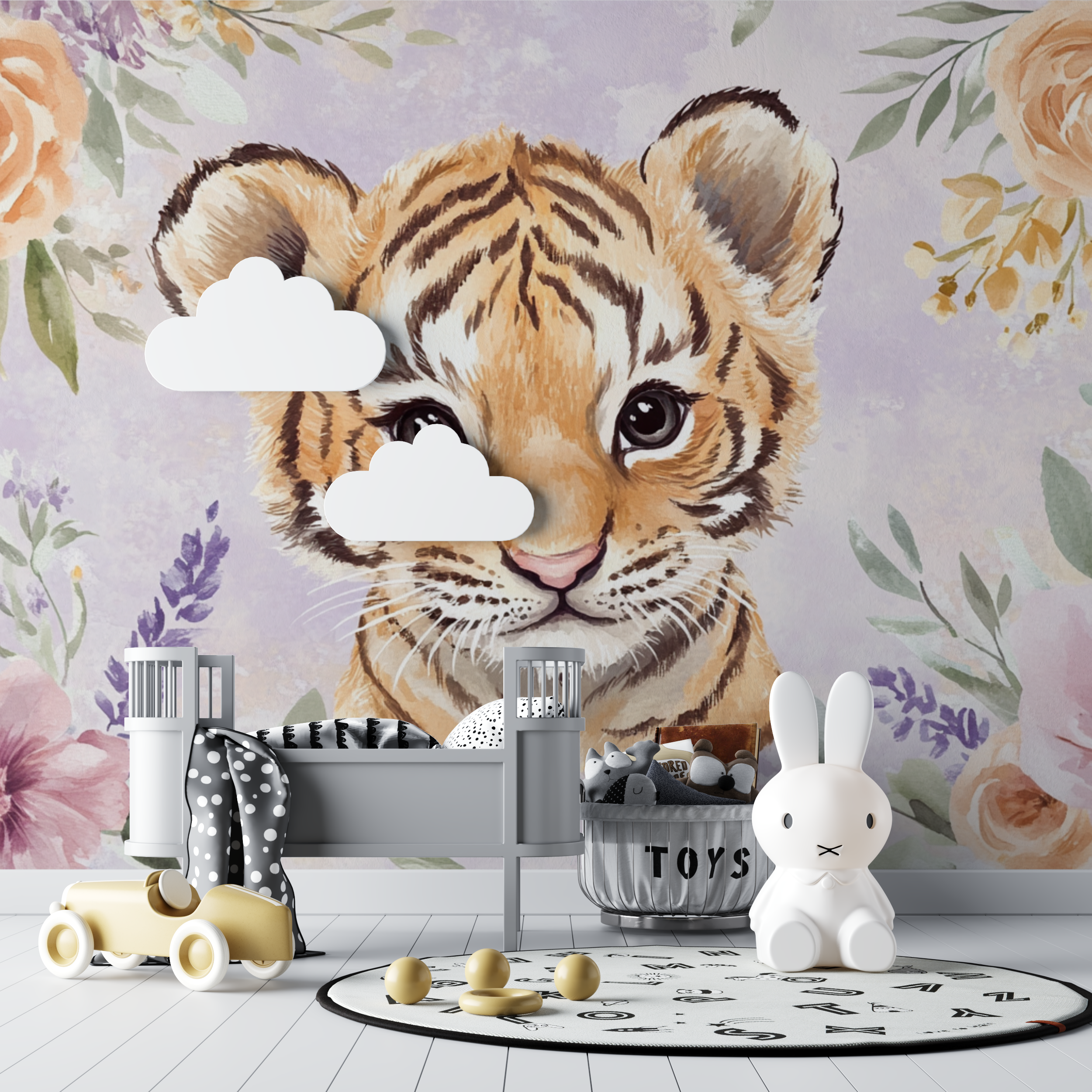 Papier peint tigre et couronne de fleurs bebe tipi