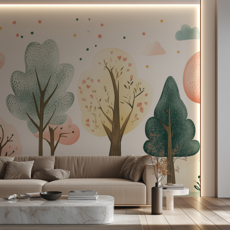 Papier peint arbre chambre enfant canape neon