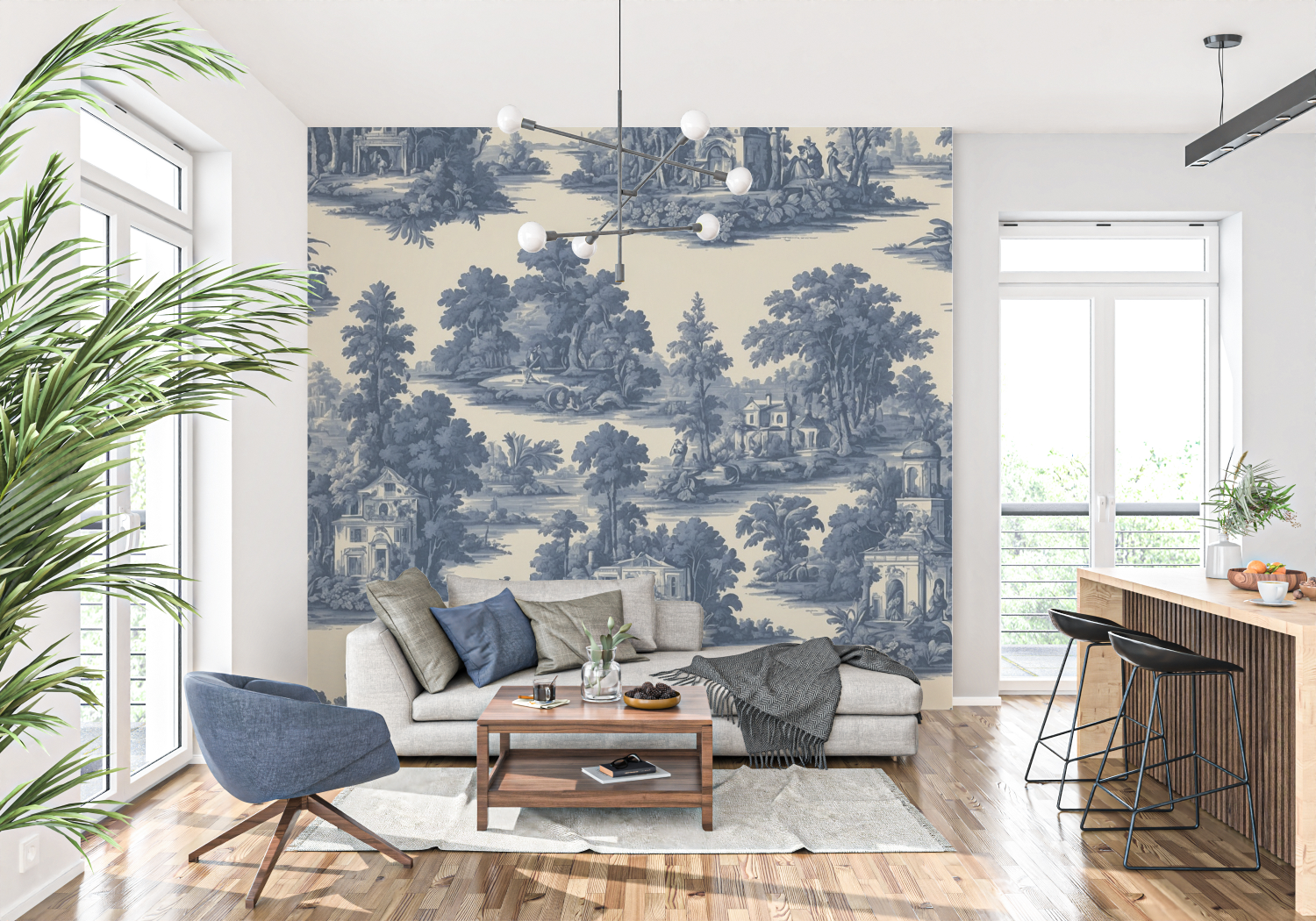 Papier Peint Jouy Motif Bleu - panoramique-mur