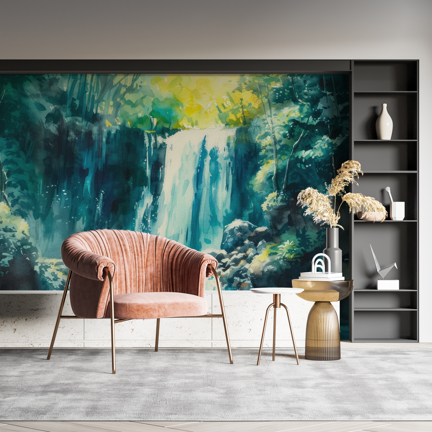 Papier peint aquarelle cascade zen pano mural