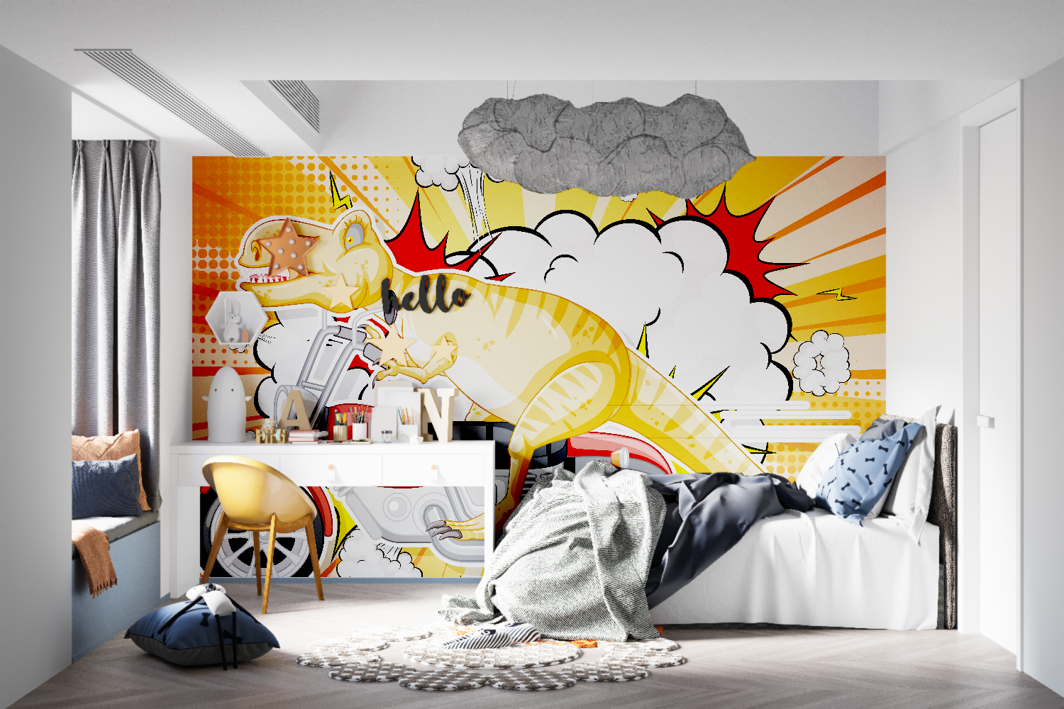 Papier peint dinosaure moto tapisseries murale