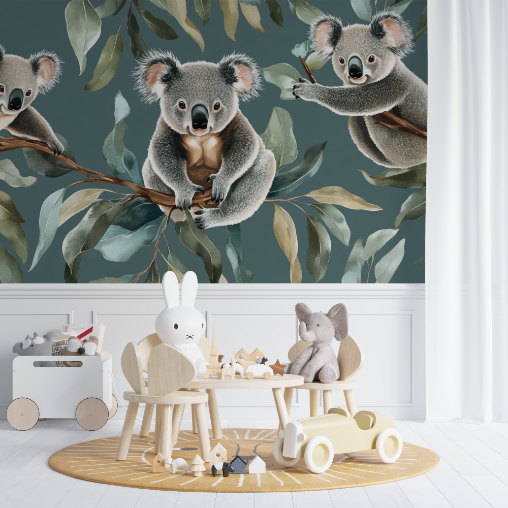Papier peint koala et feuilles en apesanteur chambre de bebe