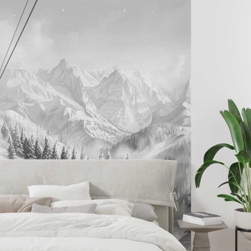 Papier peint montagne telecabin... blanc tapisserie tendance