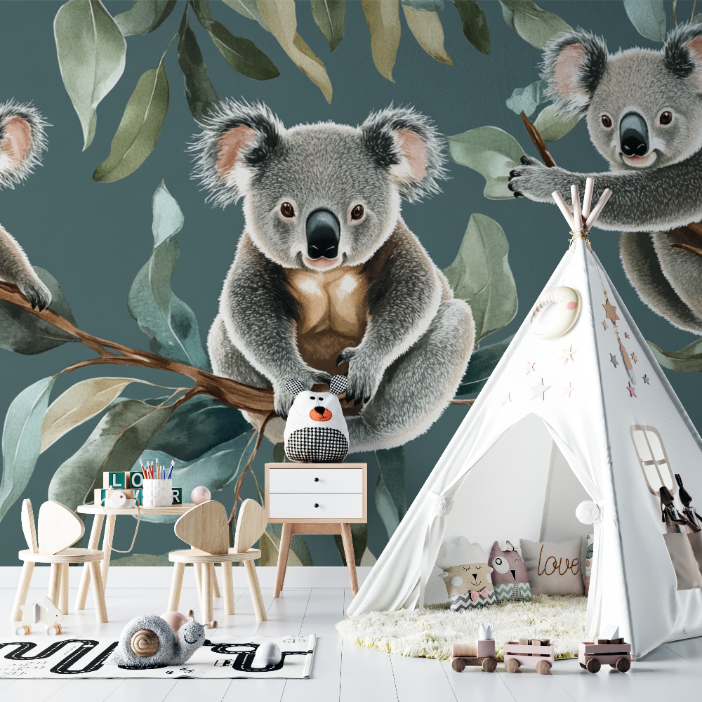 Papier peint koala et feuilles en apesanteur chambre bebe