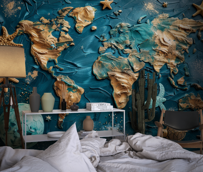 Papier peint carte du monde marin chambre dado1