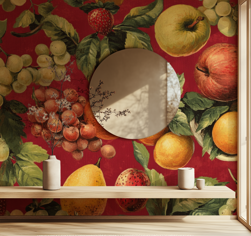 Papier peint vintage cuisine rouge miroir