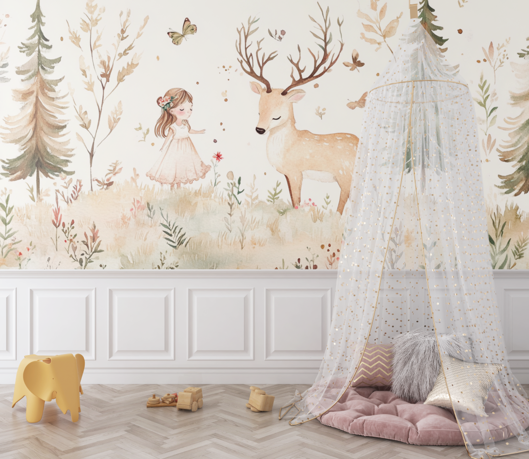 Papier peint animaux fille foret cerf bebe
