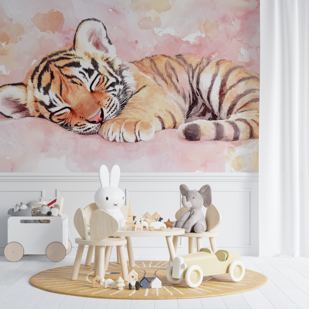 Papier peint tigre endormi chambre de bebe