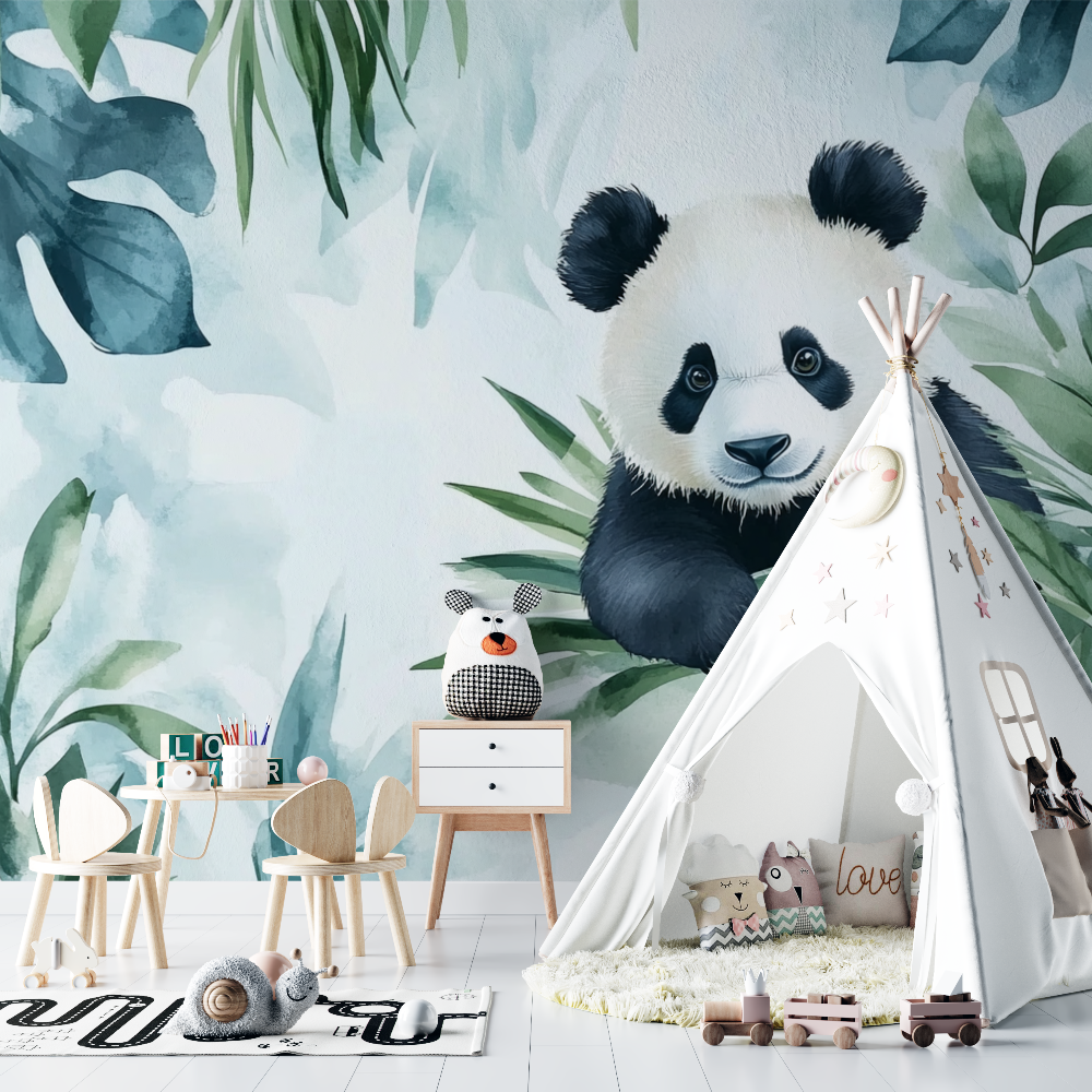 Papier peint panda et ambiance tropicale chambre bebe