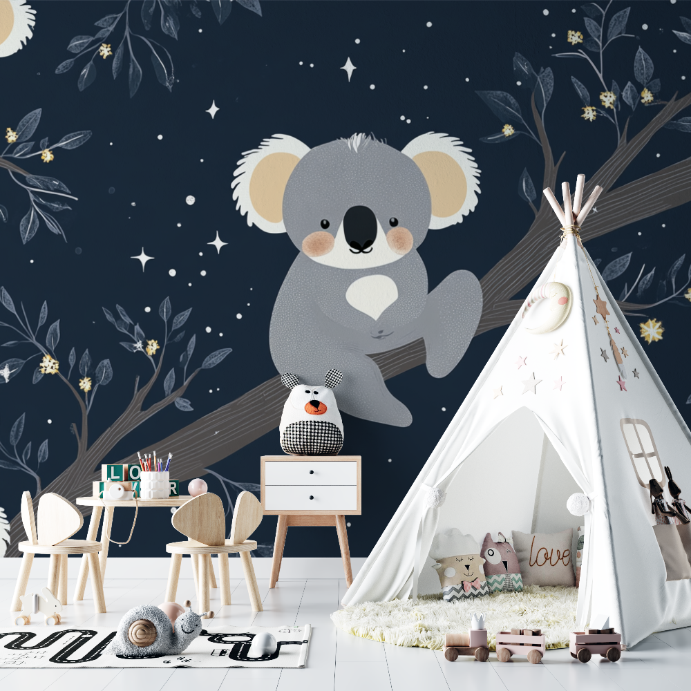 Papier peint koala et berceau detoiles chambre bebe