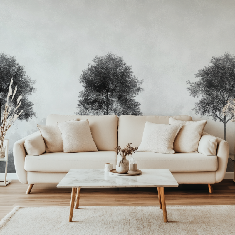 Papier peint arbre gris et noir canape simple