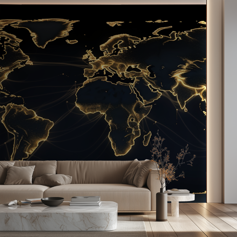 Papier peint carte du monde noir et dore canape neon