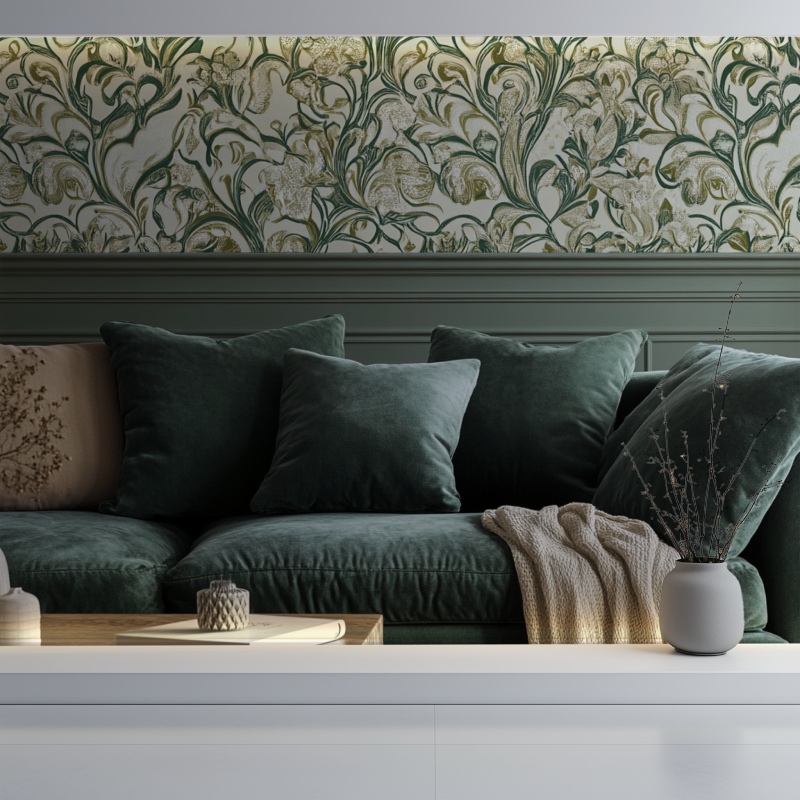 Papier peint vintage vert mur blanc