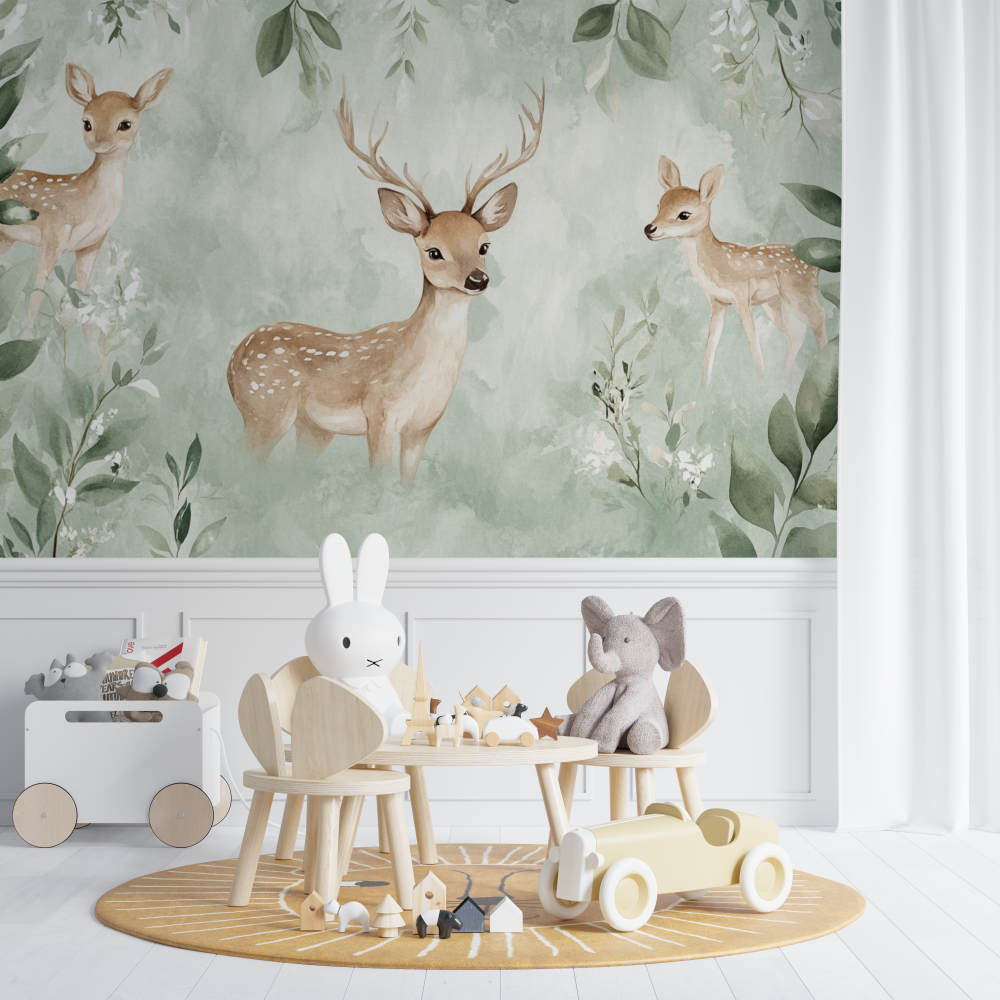 Papier peint vert doux et cerf chambre de bebe