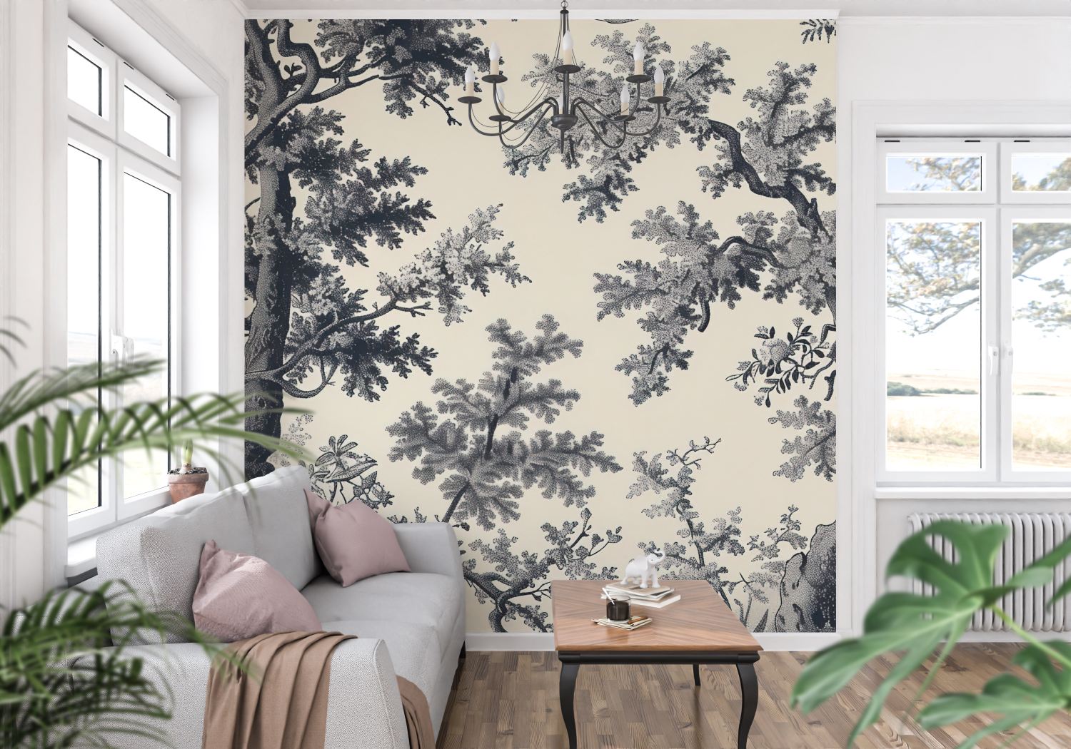 Papier Peint Toile De Jouy Noir Et Beige - panoramique-mur