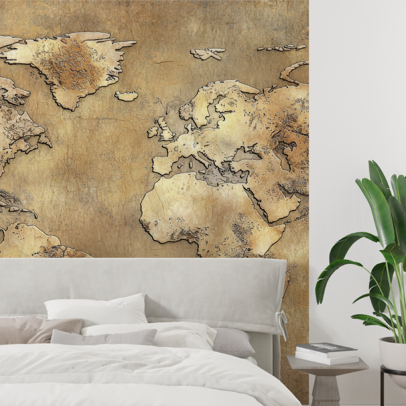Papier peint vieilli carte du monde tapisserie tendance