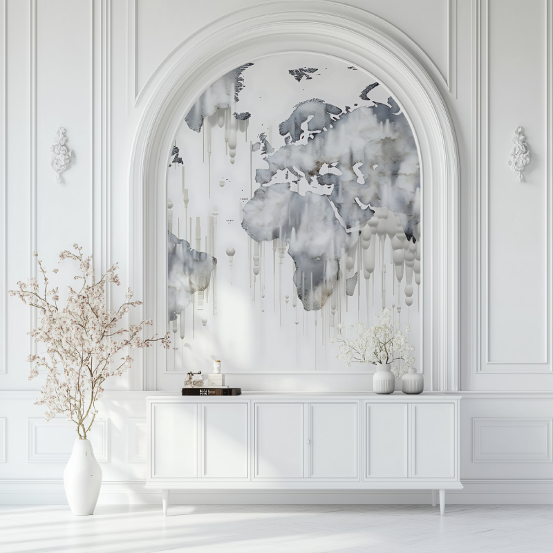Papier peint carte du monde peinture salon blanc