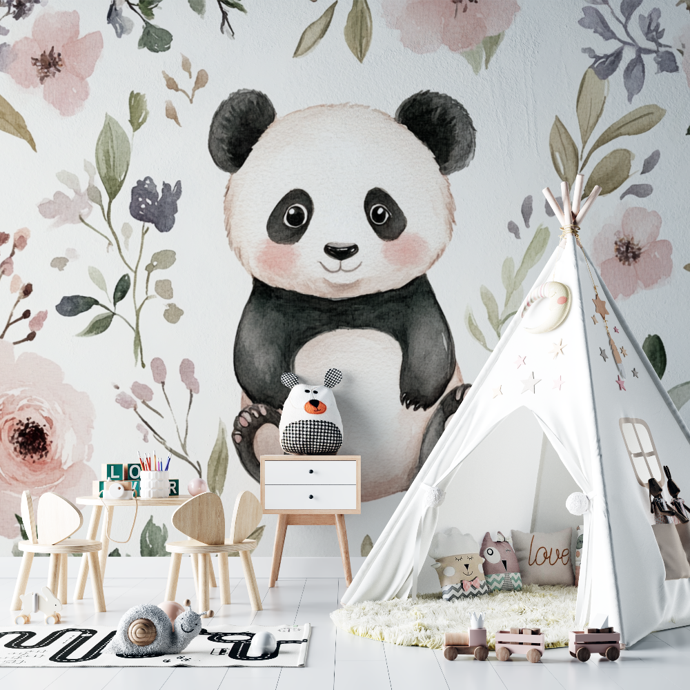 Papier peint panda et fleurs sauvages chambre bebe
