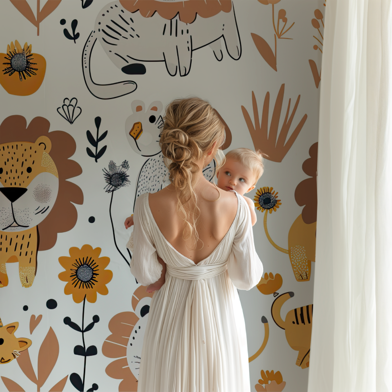 Papier peint lion et motifs nordiques bb123