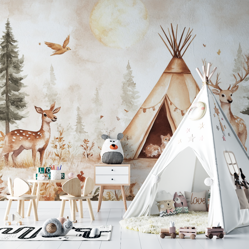 Papier peint foret et tipi chambre bebe