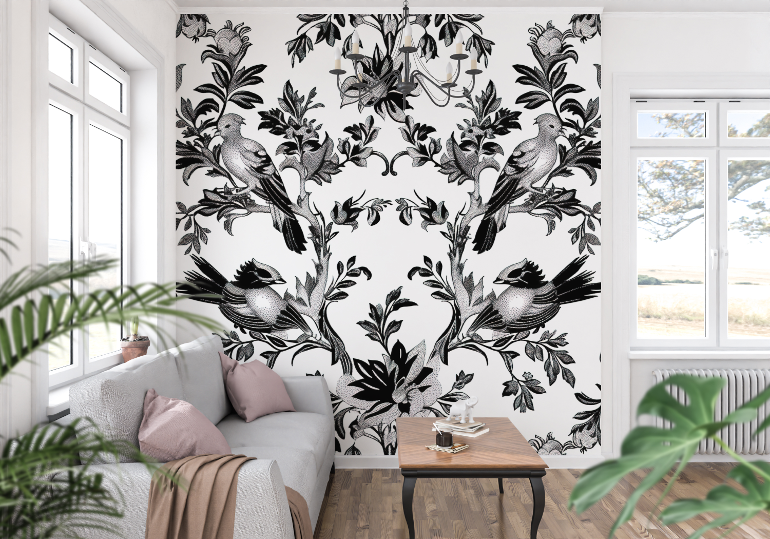 Papier Peint Toile De Jouy Noir Et Blanc - panoramique-mur