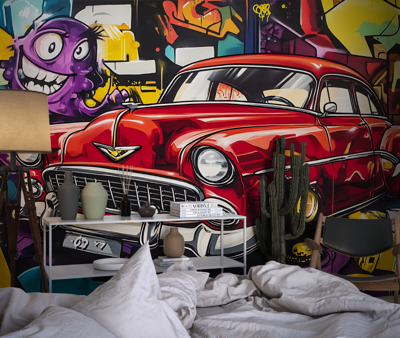 Papier peint graffiti voiture americaine chambre dado1