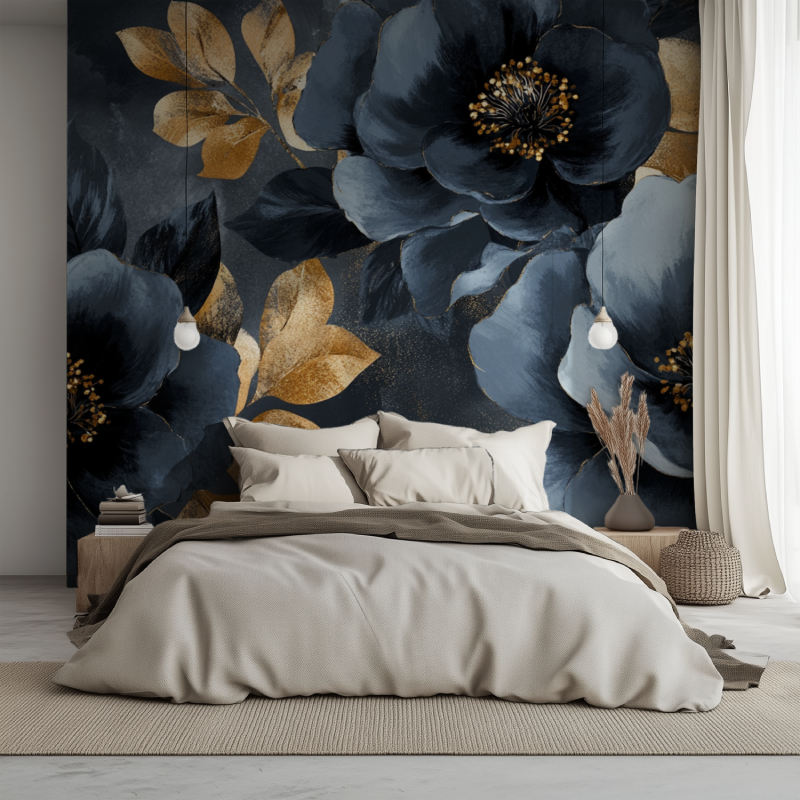 Papier peint fleur gris anthracite et or intisse lit 1234