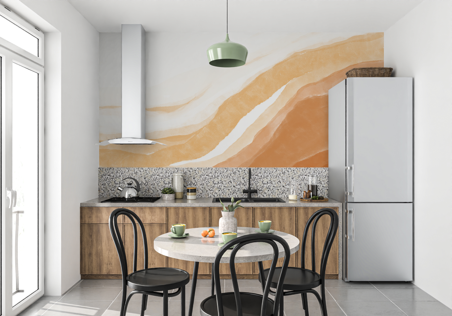 Papier peint aquarelle tons beiges mur cuisine