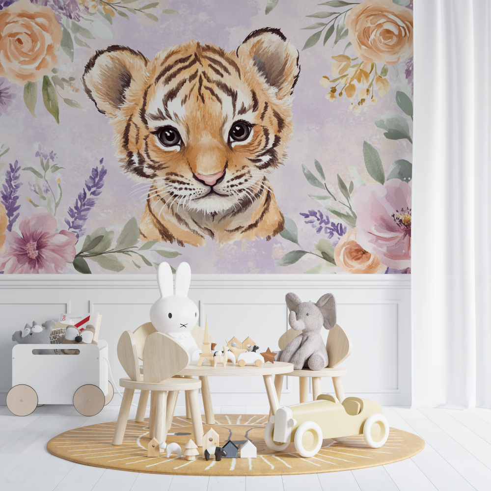 Papier peint tigre et couronne de fleurs chambre de bebe