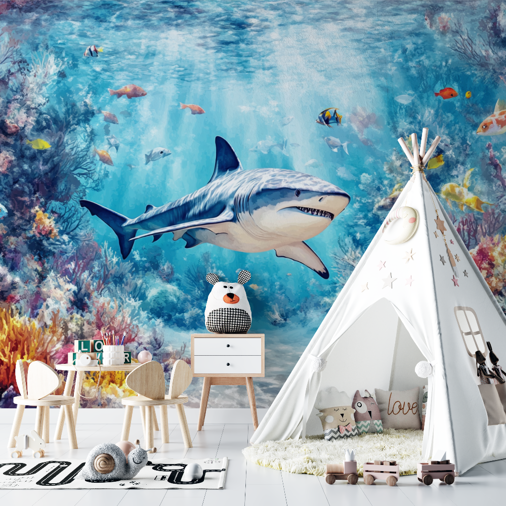 Papier peint marin panoramique requin chambre bebe