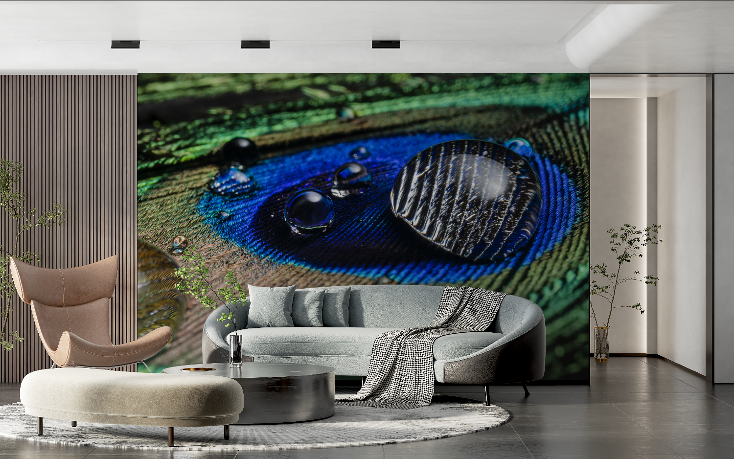 Papier Peint Design Bleu Paon - tete de lit