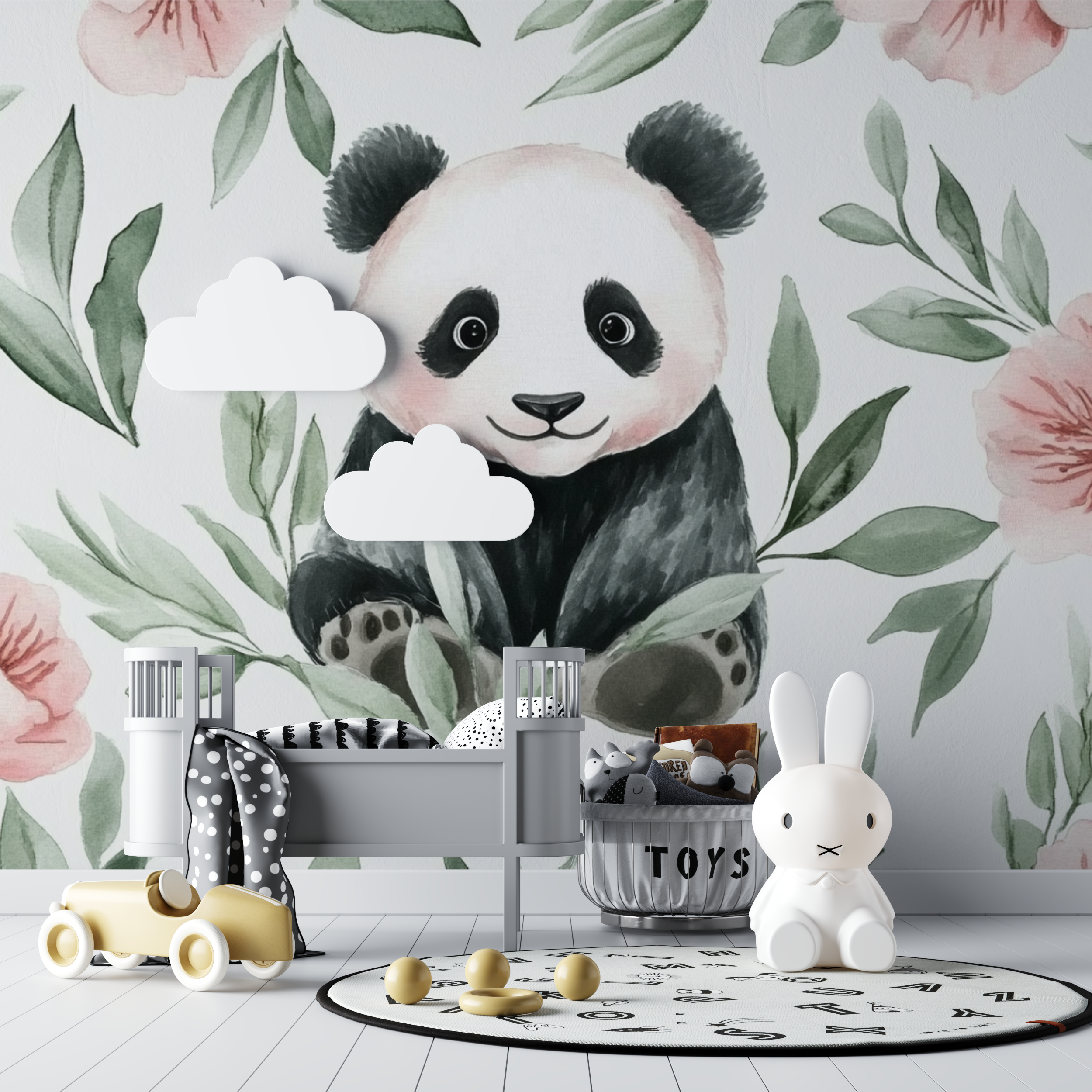 Papier peint panda et feuillage aquarelle bebe tipi