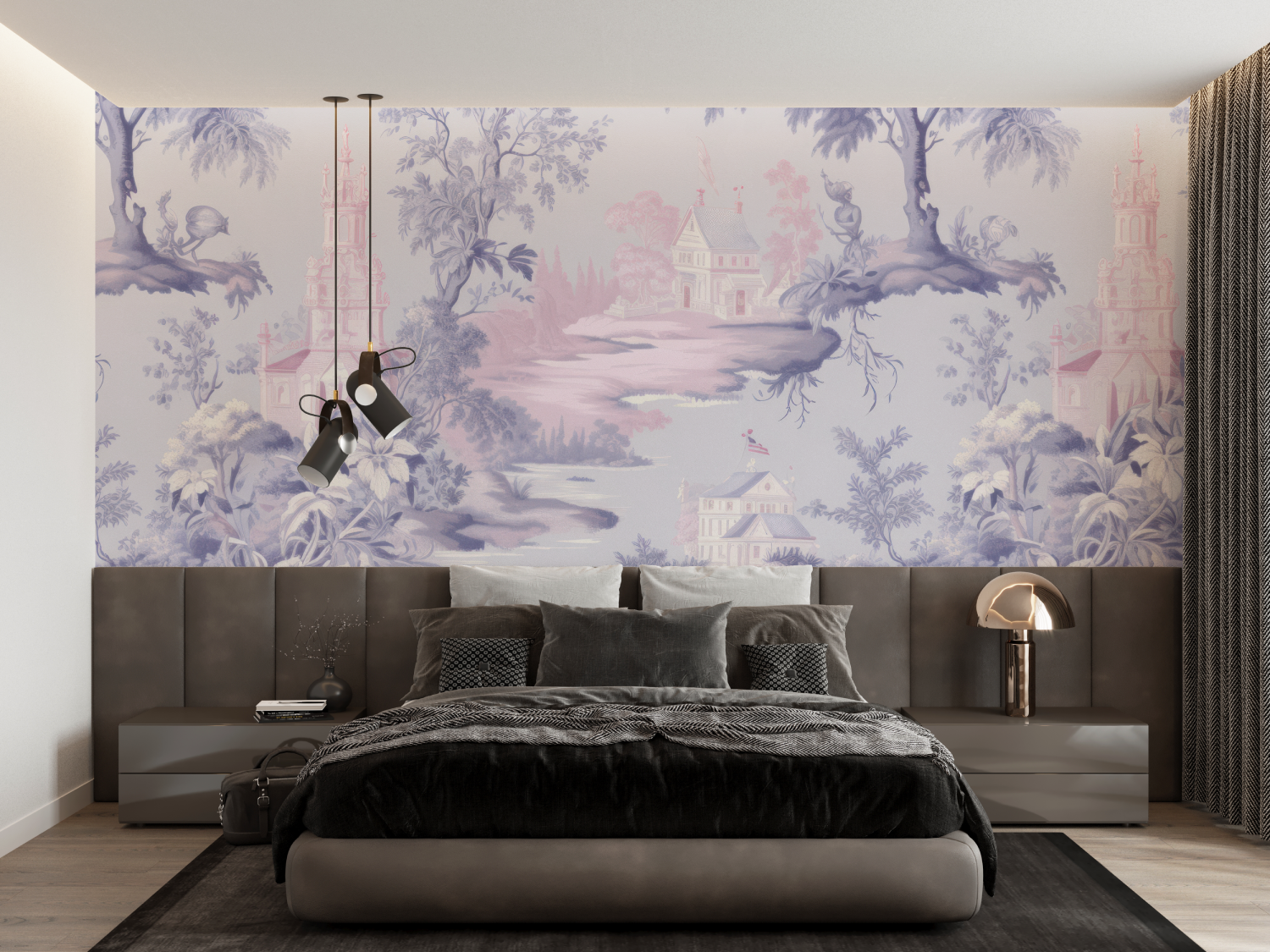 Papier Peint Toile De Jouy Rose Violet - tapisserie
