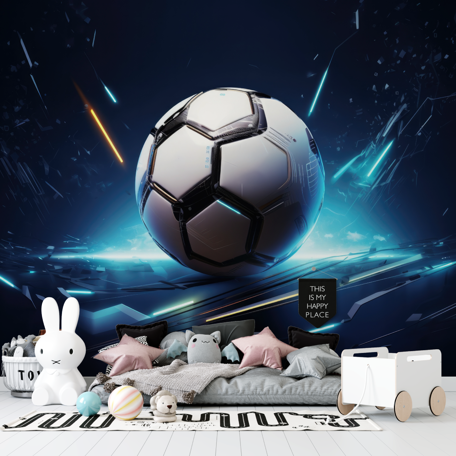 Papier peint 3d ballon foot bleu tapisserie garcon