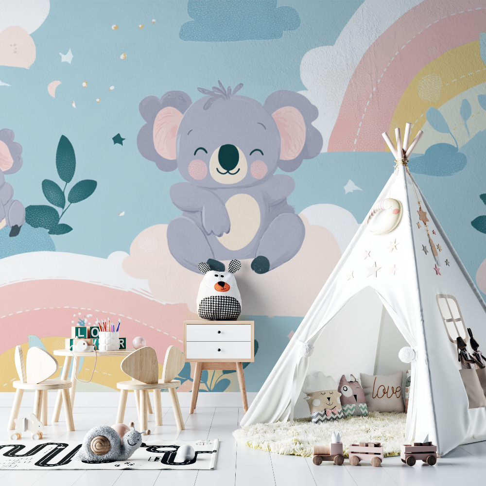 Papier peint koala assis sur un arc pastel chambre bebe