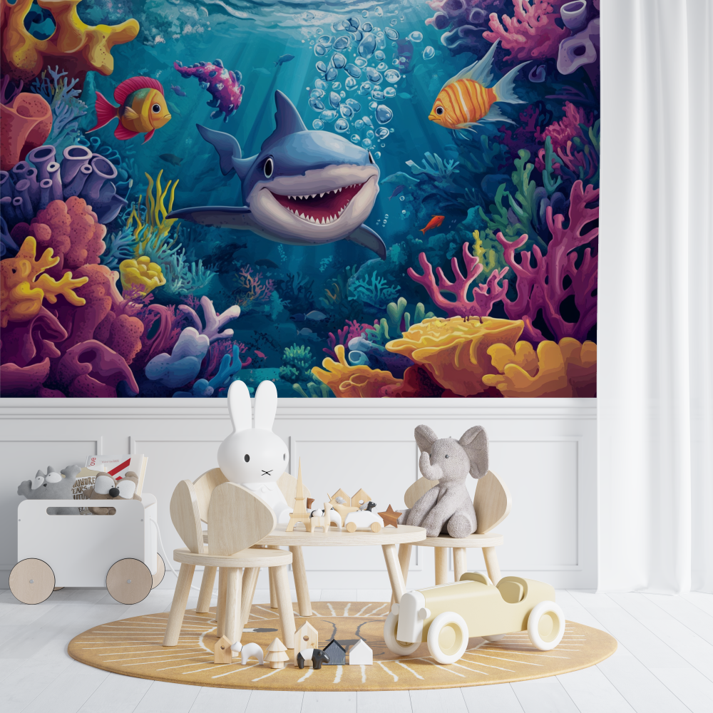 Papier peint marin poulpe rouge et requin chambre de bebe