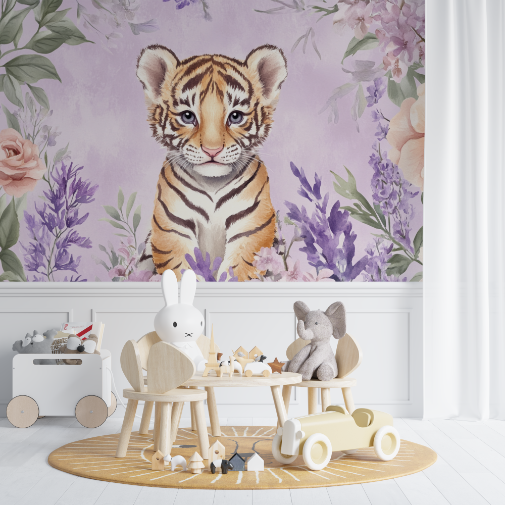 Papier peint tigre et fleurs delicates chambre de bebe