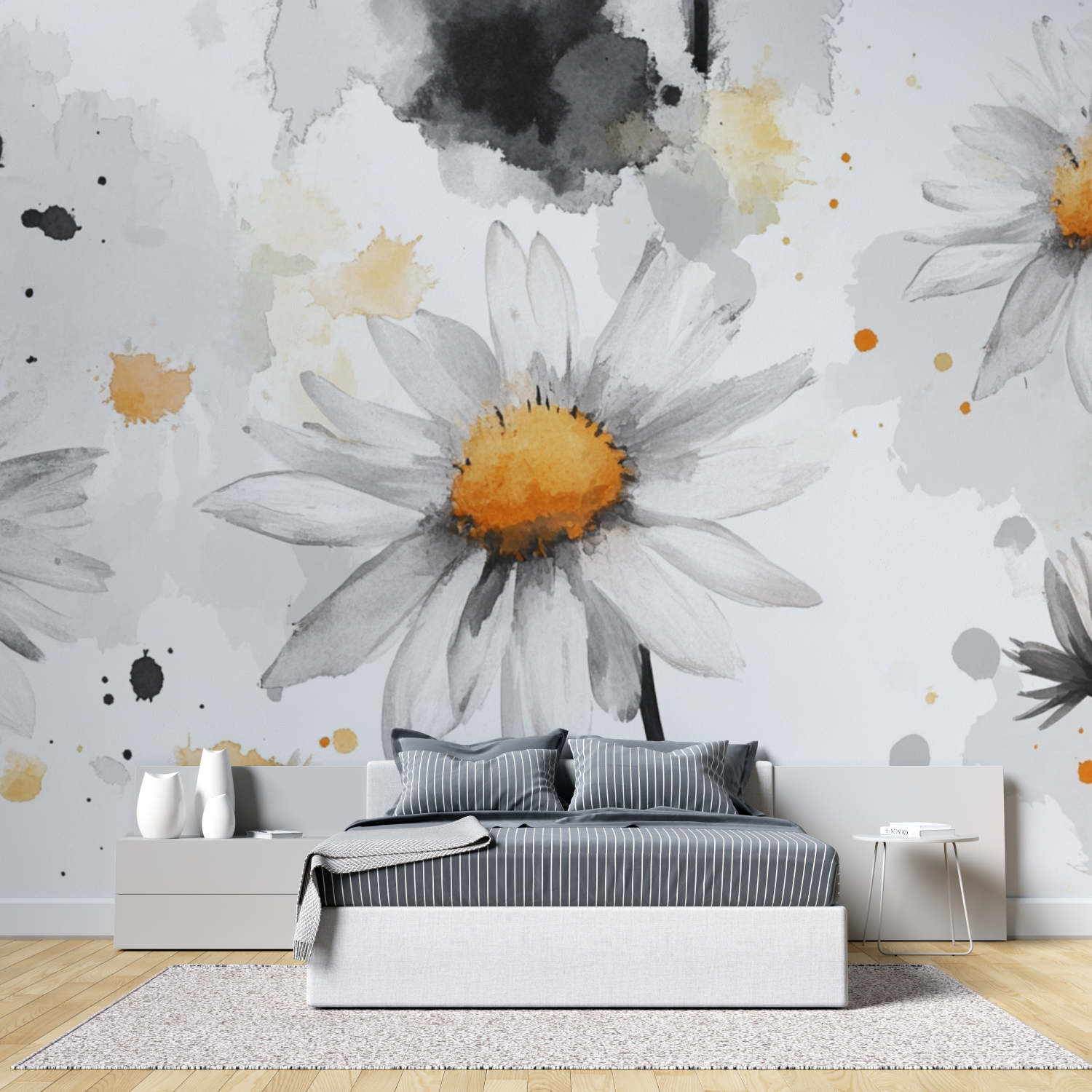 Papier peint aquarelle marguerites esquissees tete de lit