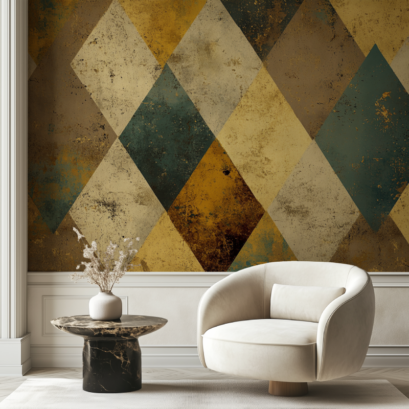 Papier peint vintage losange moutarde chaise tendance
