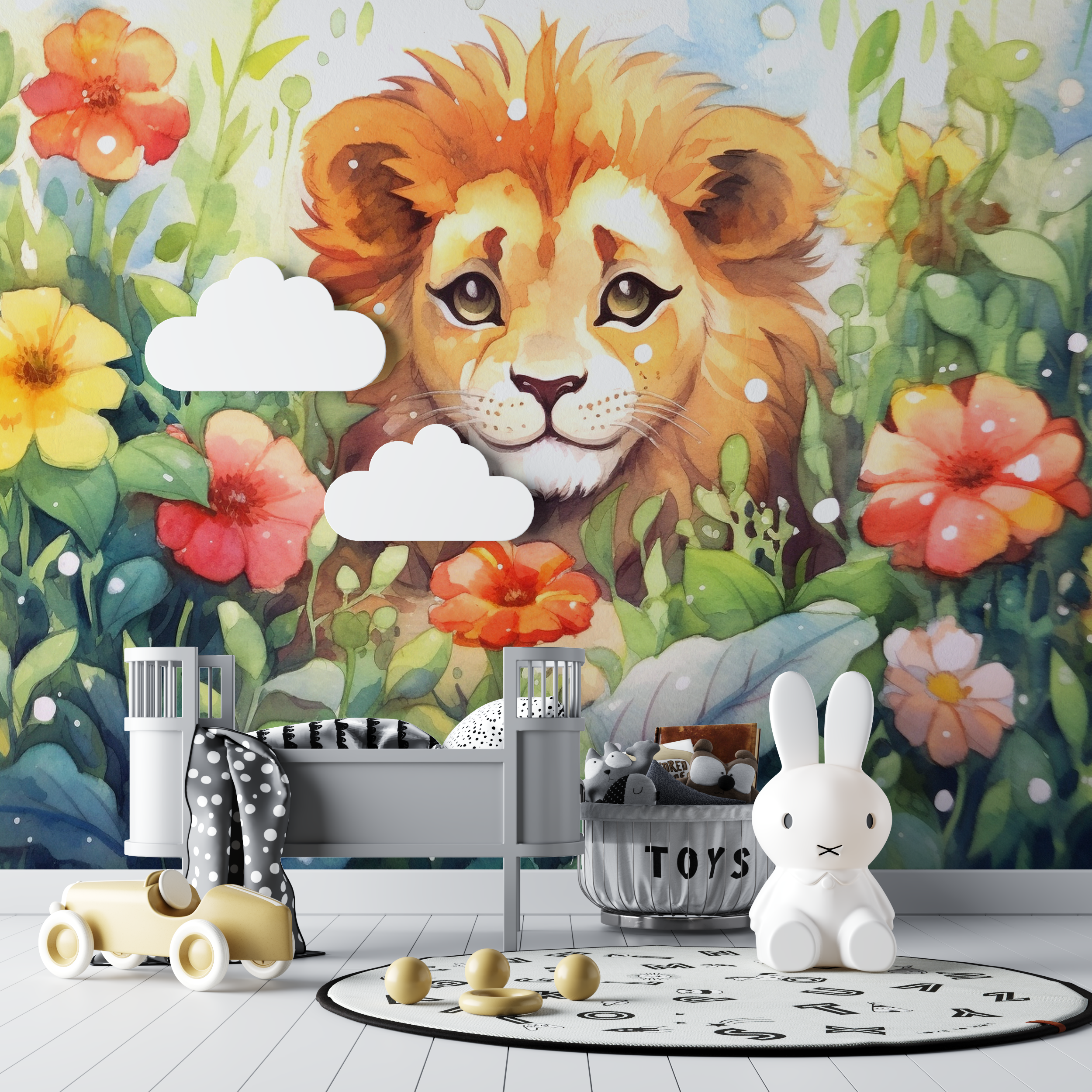 Papier peint lion et feuillage aquarelle bebe tipi