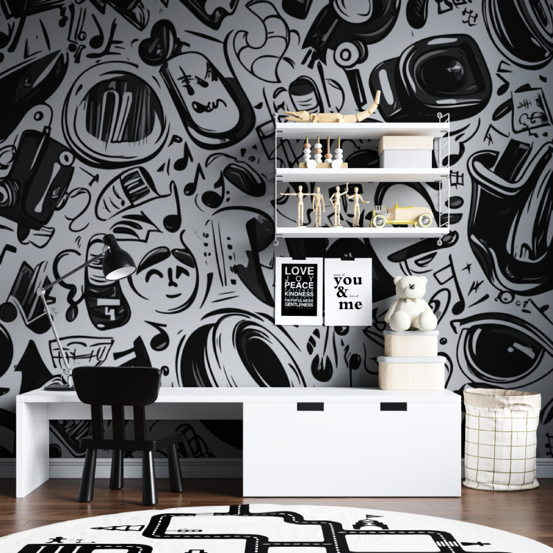 Papier peint musique noir et bl...it tapisserie chambre ados