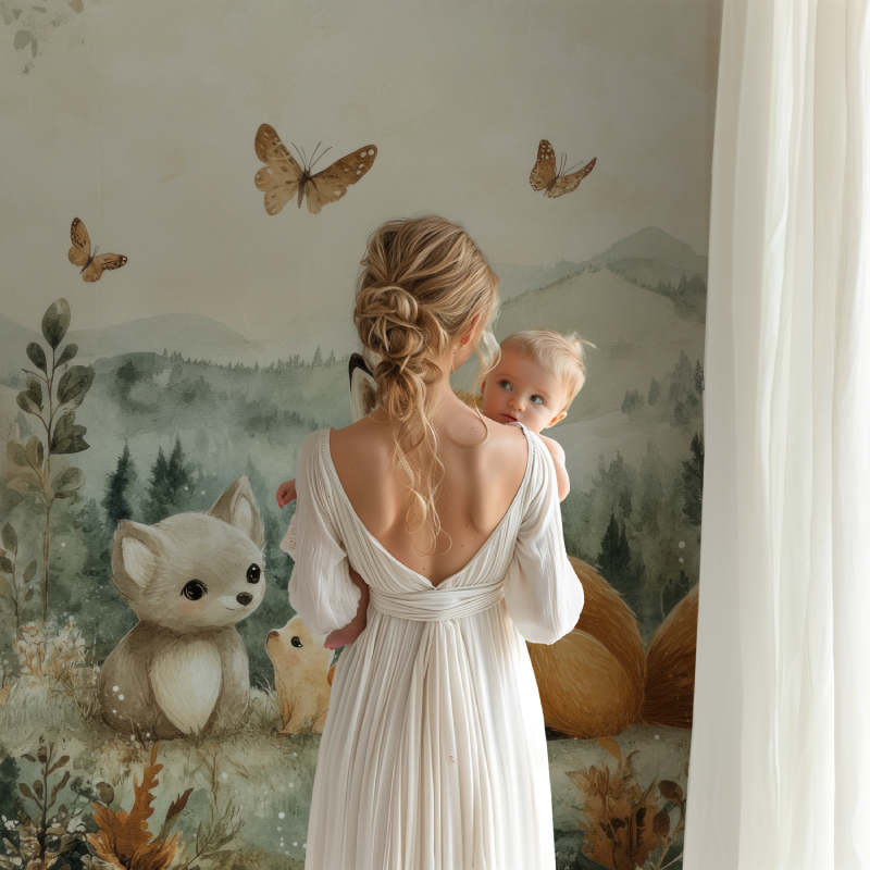 Papier peint renard et foret douce bb123