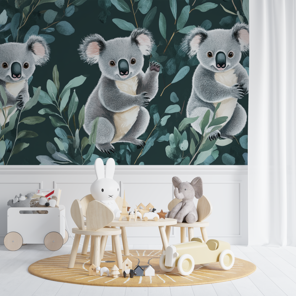 Papier peint koala dans une dan...e feuilles chambre de bebe